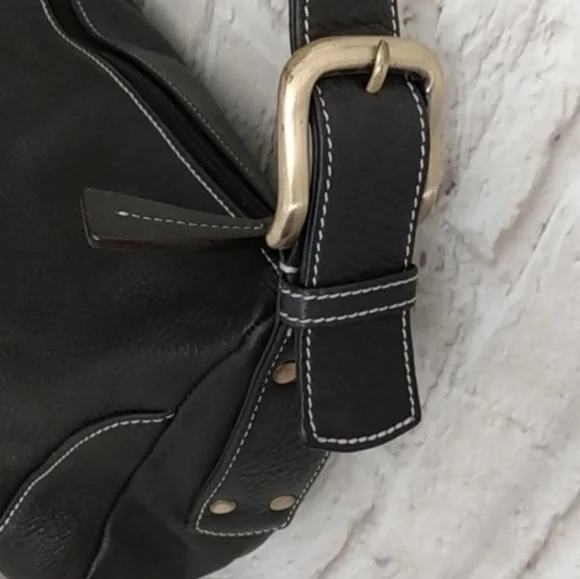 MILA PAOLI Black Leather with  White Accent Stitching Shoulder Handbag - Picture 4 of 12